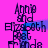 Pixelated text on a bright pink background with blue horizontal bands, showing repeated phrases 'Annie and Elizabeth' in dark purple.