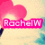 Pixelated icon with pink text 'RachelW' over a heart and beach scene, a pink peace symbol with 'is' in the center, and a pink background with a sun, cloud, 'Random' text, and 'smile' in black.