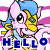 Animated contact sheet showing two frames of a pink cartoon character with blue hair and yellow accents saying "HELLO" against a striped background.