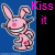 Pixelated pink bunny with large ears, red cheeks, and a wide grin stands against blue background; text 'Kiss it' in bright pink appears on black