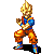 Pixel art character in orange and blue outfit with spiky yellow hair, shown across of animation on gray background