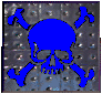 Two side-by-side pixelated images of a skull and crossbones on a metallic background, one blue and one black.