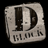 Static pixelated icon featuring a stylized letter D with text below, rendered in grayscale tones on black background.