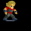 Pixelated character with blonde hair and blue eyes in red and gray outfit performing fire-based attack animation against black background.