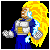 Pixel art character with spiky yellow hair, blue and silver armor, and blue energy effects around hands and body.