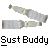 Pixelated static image shows a stylized rocket with light gray and beige tones, blue accents, and scattered debris against a solid gray background, with bold black text reading "Sust Buddy" below.