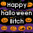Pixelated Halloween-themed buddy icon with orange pumpkins on purple and black background, displaying multiple text phrases in white block letters.