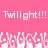 Pink background with white pixelated text "Twilight!!!" repeated twice above a of white pixelated figures with raised arms