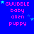 Blue background with pink text 'GWUBBLE baby alien puppy' and small blue stars scattered across the image.