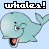 four and four shows identical light blue whale icons with open mouths, red tongues, and winking eyes above the text 'whales!' in black pixelated font on a light blue background