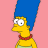 A pixelated cartoon character with blue hair and a red necklace on the left, next to pink text reading "Marge is in Charge" on a black background.
