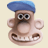 Pixelated cartoon character with blue beret, large eyes, wide grin showing teeth, and rounded ears on beige background.