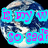 Earth globe with blue and white clouds against black background, overlaid with cyan text boxes containing pink pixelated letters.