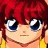 Pixelated anime-style character with red hair and blue eyes, wearing a yellow top, next to black background with white text.