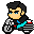 Pixel art character on motorcycle with changing helmet and motion lines, gray background.