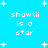 Pixelated text 'shawti is a star' repeated four times on bright cyan background with white stars.