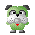 Green pixelated dog with gray ears and white muzzle, red collar, standing on gray background with multiple facial expressions.