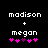 Two side-by-side pixelated text displays with 'madison' above a plus sign and 'megan' below, followed by five pink and purple heart icons on a black background.