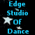 Blue text 'Edge Studio of Dance' on black background with white and light blue stars, some stars have slight motion blur.