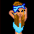 Pixel art contact sheet showing three distinct frames of an animated icon with a female character, blue pants, and cyan text elements on black background.