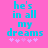 Pixelated cyan text on bright pink background reads 'he's in all my dreams' with five light purple stars below, two versions show slight star position differences.
