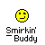 A yellow pixelated smiley face with black eyes and mouth above stylized text reading 'Smirkin' Buddy' on a gray background.