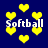 Yellow pixelated hearts float against a dark blue background with the word "Softball" repeated in white text.
