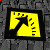Yellow square with black border on gray brick background; black silhouette of figure with arm raised, surrounded by small black lines, in six sequential poses showing movement from left to right.