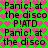 Pixelated text displays 'Panic! at the disco' and 'P!ATD' on a green background with pink heart patterns, alternating between two color schemes.