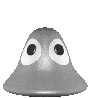 Gray bell-shaped figure with large white eyes and black pupils, shown in nine sequential views of changing height and width against a gray background.