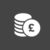 Pixelated grayscale icon of stacked coins with a single coin displaying a pound symbol on a dark gray background.