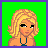 Pixelated blonde woman with blue necklace, green top with red cherries, and red boots on bright green background.
