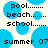 Pixelated text on a white background with blue circular shapes, showing 'pool', 'beach', 'school', and 'summer 07' in black font.