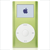 Pixelated green rectangular device with light blue screen displaying dark purple square icon and white circular control below.
