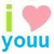 Green lowercase 'i' with pink heart symbol and blue 'you' text on left; black-and-white Snoopy head with green 'snoopy' text and small green heart on right.