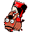Pixelated cartoon character in red traditional headwear riding a brown donkey, with visible facial expressions and clothing details