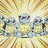 Pixelated image of a robot-like figure with multiple arms against a radiating yellow background, with cyan text reading "BITCH :D" on a black