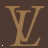 Brown background with repeating gold 'LV' monogram patterns and partial text fragments reading "LOUIS VUITTON" in white and pink pixelated fonts.