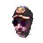 A pixelated animated sequence shows a figure with dark hair and a cap turning its head from left to right