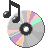Pixelated icon shows a black musical note and silver CD with pastel-colored segments on gray background.