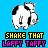 Pixel art cow icon with two animation frames showing text color changes against a blue background.
