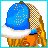 Pixelated cartoon character with blonde hair wearing blue cap and blue shorts, displaying multiple poses and text overlays.