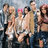 Group of people in a pixelated image with pink text elements and a vertical pink bar on black background.