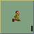 Pixelated character in green uniform walks left to right across light green background with partial text reading 'I have to go to the bathroom.'
