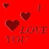 Red background with scattered dark red hearts and repeated 'I LOVE YOU' text in dark red serif font.