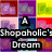 Pixelated grid of colored squares with central 'A' symbol and text 'Shopaholic's Dream' in bold block letters.