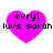 Four identical pink heart-shaped icons with black pixelated text reading 'evryl luvs sarah' arranged in a on white background