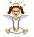 Pixelated angel icon with brown pigtails, green halo, and white dress; two pairs of feet visible in different frames.