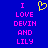 Blue background with pink pixelated text reading "I LOVE DEVIN AND LILY" and a yellow heart symbol above the text.