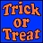 Pixelated orange text reading "Trick or Treat" on a solid blue background with dark blue border.